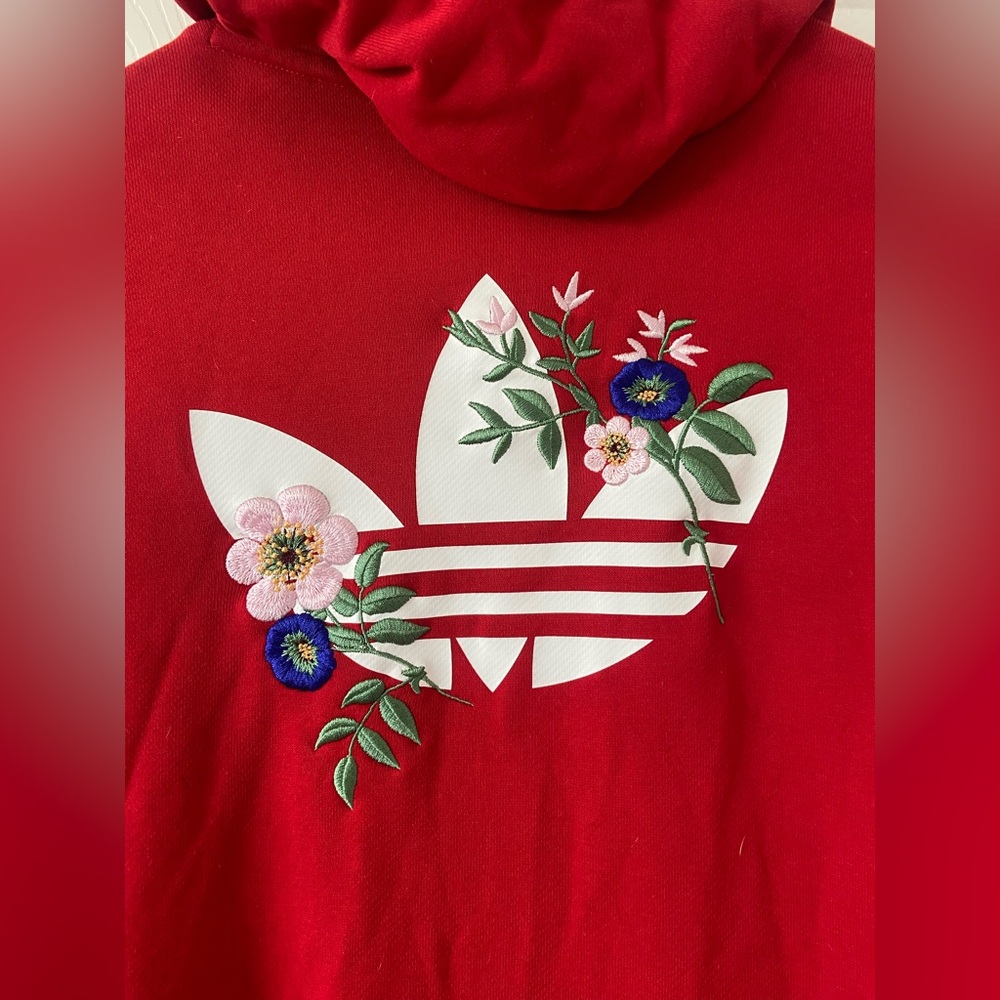 adidas Red Hoodie & sweatpant set with White Trefoil and Floral Embroidery